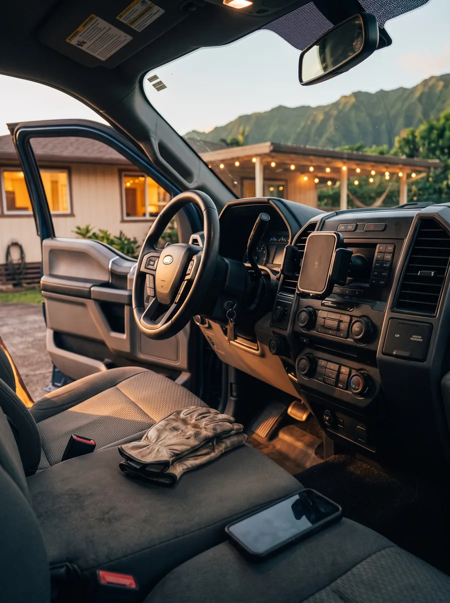 The same truck parked at home at golden hour, paperwork gone and the phone face down